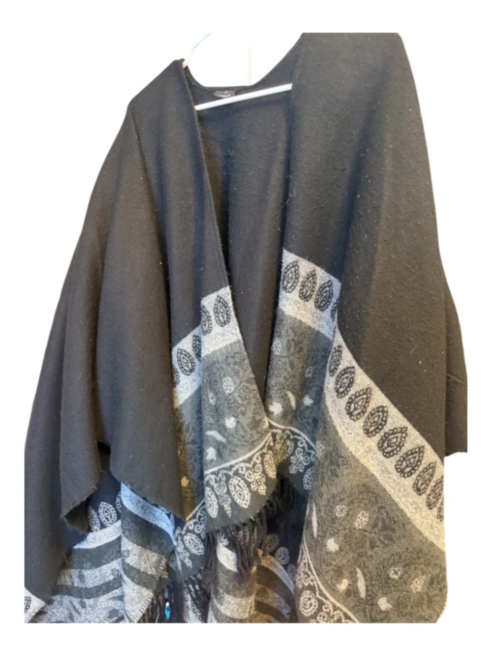 Black Patterned Shawl Poncho - Versatile Layering Wrap